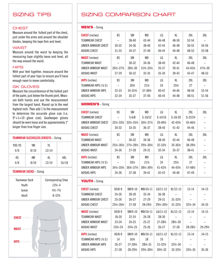 Sizing chart for Challenger Teamwear apparel.