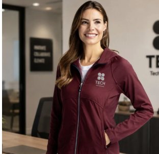 Woman in a decorated maroon soft-shell jacket