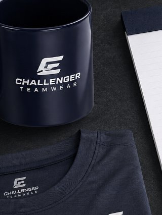 Branded mug, notepad, pen and tee with the Challenger Teamwear logo