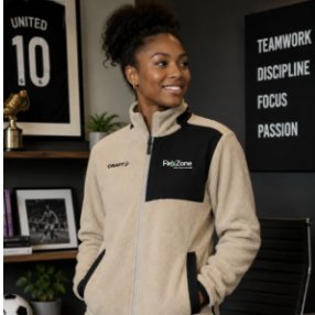 Woman in a branded sherpa jacket