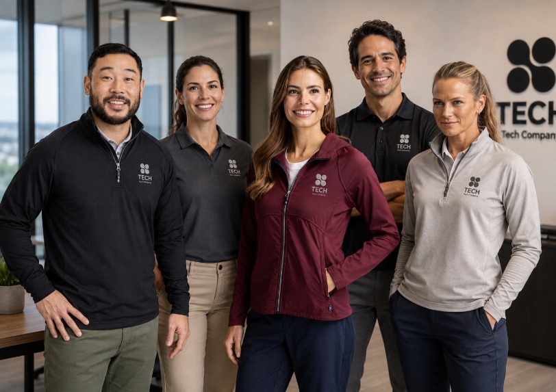 Two colleagues on a golf course in decorated navy and blue quarter-zips